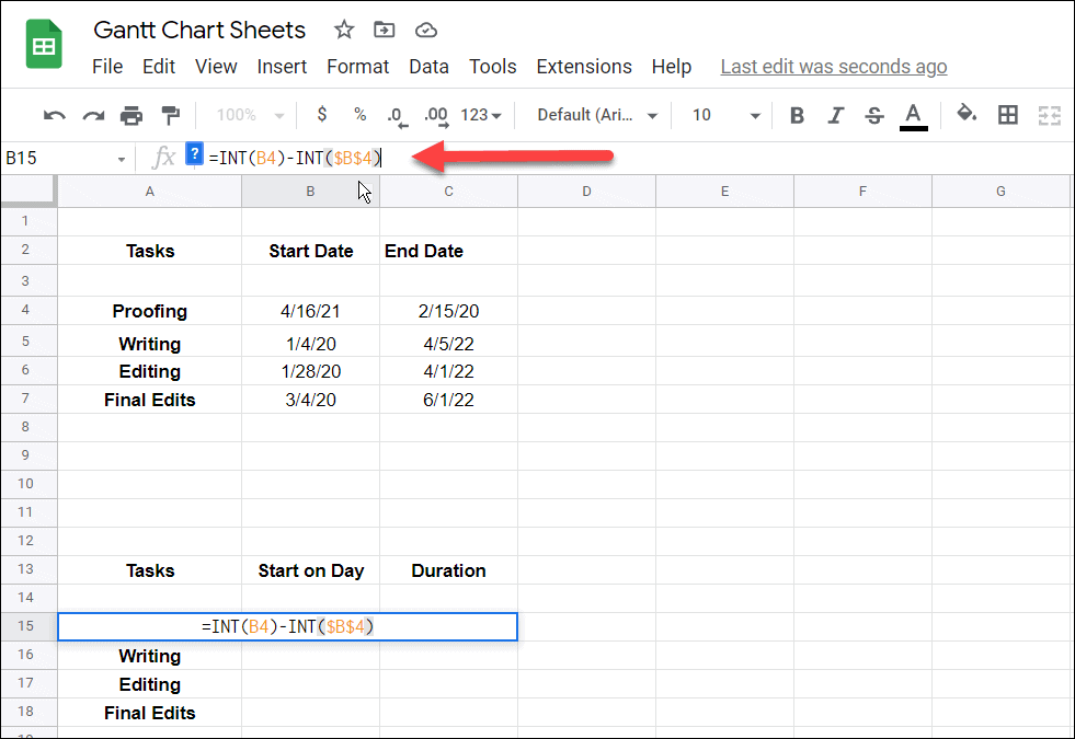 2 Voer formule in Maak een Gantt-diagram in Google Spreadsheets