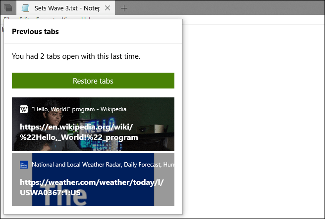 Vorige tabbladen Windows 10-sets