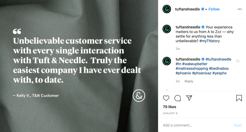 klant citaat afbeelding van Tuft and Needle Instagram-account