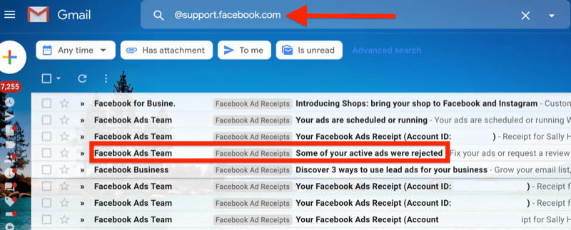 voorbeeld van een gmail-filter voor @ support.facebook.com om alle e-mailmeldingen van Facebook-advertenties te isoleren