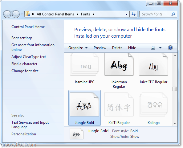 een overzicht van het Windows 7 font-configuratiescherm