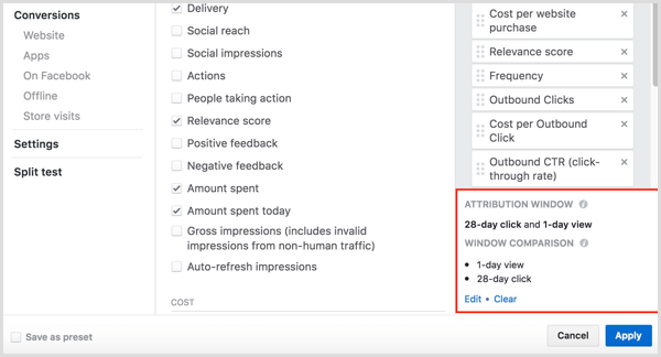 facebook ads manager aanpassen kolommen klik en bekijk conversies