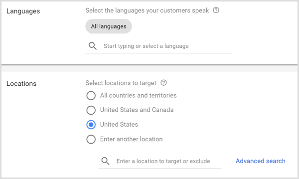 Instellingen voor talen en locaties voor Google AdWords-campagne.