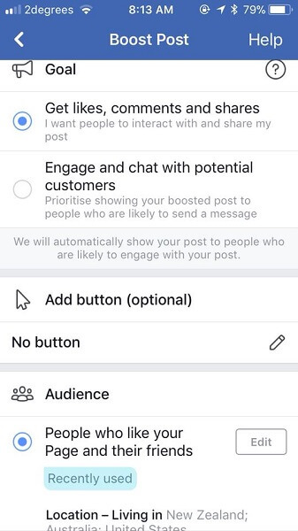 Facebook vraagt ​​nu wat de doelen van marketeers zijn wanneer ze een post een boost geven.