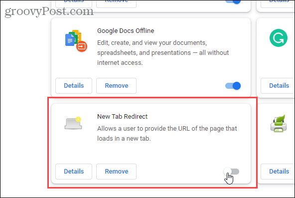 Schakel de extensie New Tab Redirect uit in Chrome