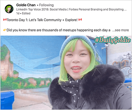 Dit is een screenshot van een LinkedIn-video waarin Goldie Chan haar reizen documenteert. De tekst boven de video luidt: "Toronto Day 1: Let