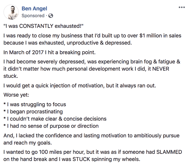 Hoe je langere tekstgebaseerde Facebook-gesponsorde berichten schrijft en structureert, stap 1, voorbeeld van achtergrondverhalen door Ben Angel