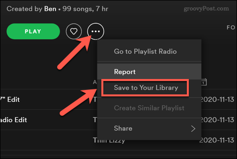 Een Spotify-afspeellijst opslaan in een gebruikersbibliotheek