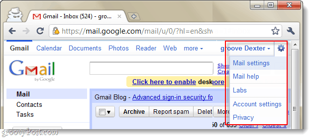 gmail mail instellingen drop-down menu