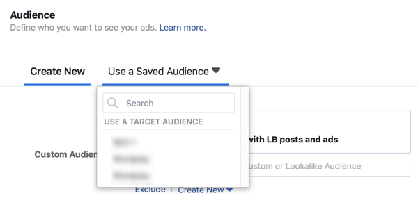 Optie om een ​​opgeslagen publiek te gebruiken voor een hoofdadvertentiecampagne op Facebook.