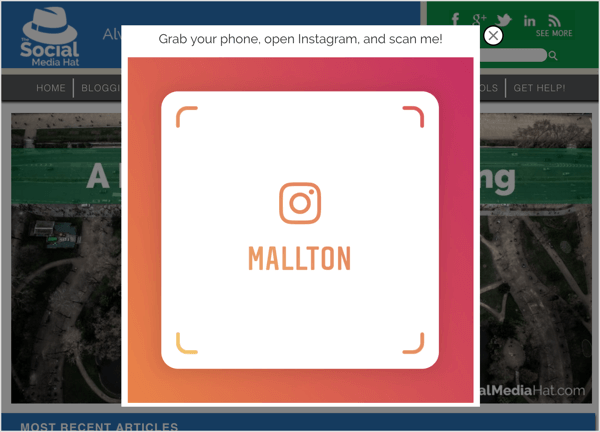 Een exit-pop-up met een Instagram-naamplaatje.