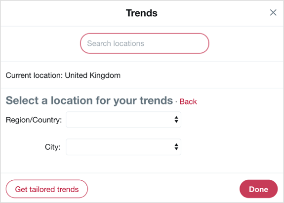 Selecteer het land en de stad waarop u zich wilt concentreren met Twitter-trends.