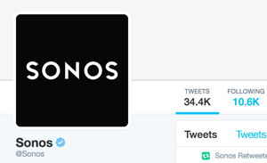 Het Sonos Twitter-account is geverifieerd en toont de blauwe Twitter-geverifieerde badge.