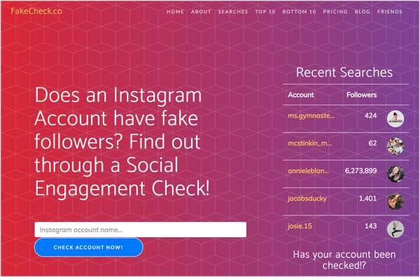 Controleer op nep Instagram-volgers met FakeCheck.co.