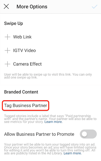 Tag Business Partner-optie voor Instagram-verhalen