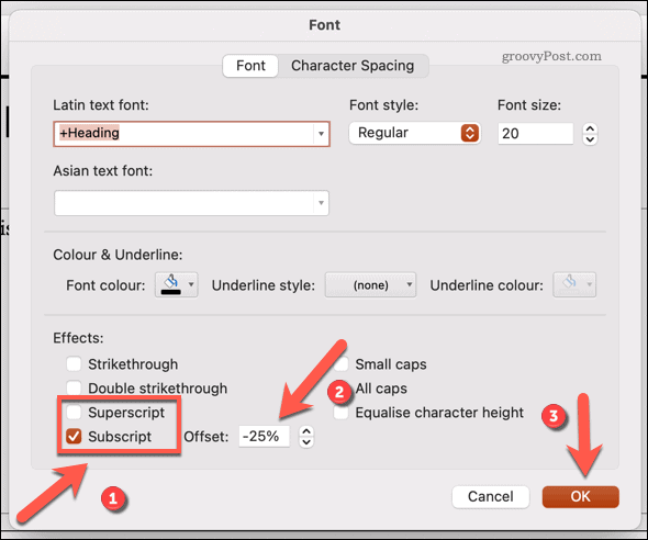 Lettertype wijzigen in subscript of superscript in Powerpoint op Mac