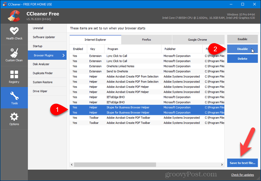 Beheer browserplug-ins in CCleaner