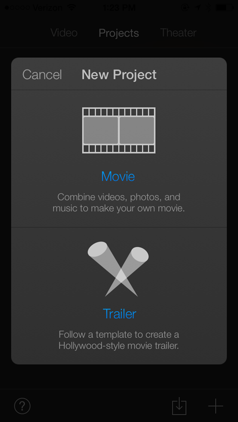 nieuw project in imovie