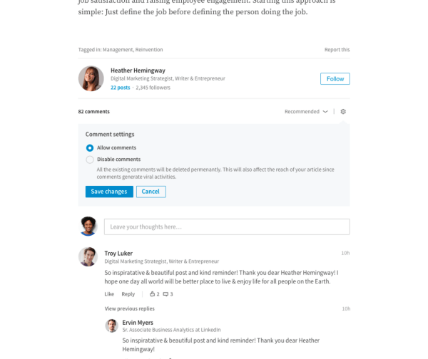 LinkedIn introduceerde de mogelijkheid voor uitgevers om de commentaren op hun lange artikelen rechtstreeks te beheren.