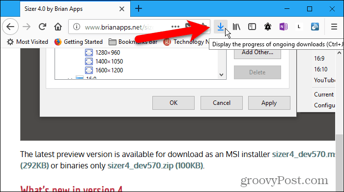 De downloadknop wordt op de werkbalk weergegeven tijdens het downloaden in Firefox