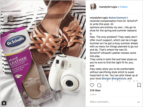 Mandy Ferrugia, een Instagram-influencer op beauty en lifestyle, hielp in deze gesponsorde post om de inlegzolen van Dr.Scholl voor flats te promoten.