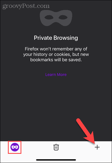 Tik op de knop Nieuwe tabblad in de modus voor privé browsen in Firefox op iOS