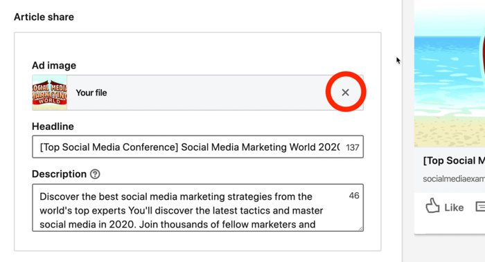 screenshot van de X-knop in rood omcirkeld naast de LinkedIn-advertentie-afbeelding tijdens de installatie