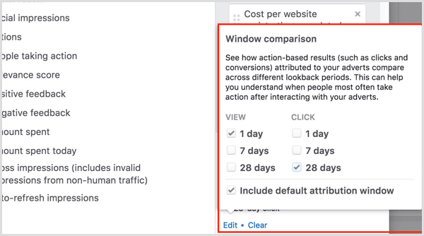 Vergelijking van attributievenster voor Facebook-advertentiesbeheer
