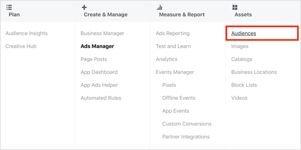 Open het Audiences-dashboard in Facebook Ads Manager.