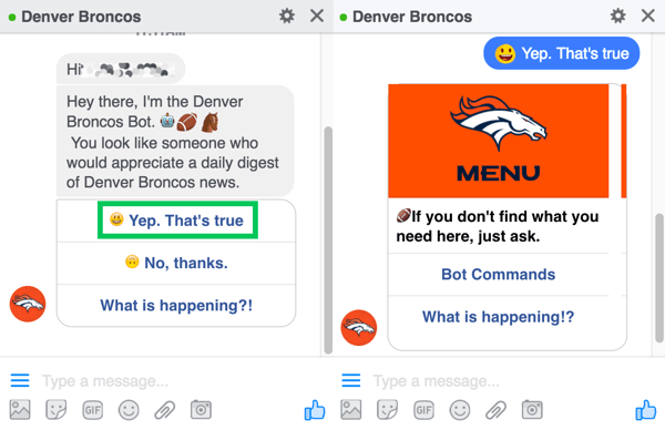 De chatbot van Denver Broncos vraagt ​​gebruikers zich aan te melden voor hun dagelijkse samenvatting.