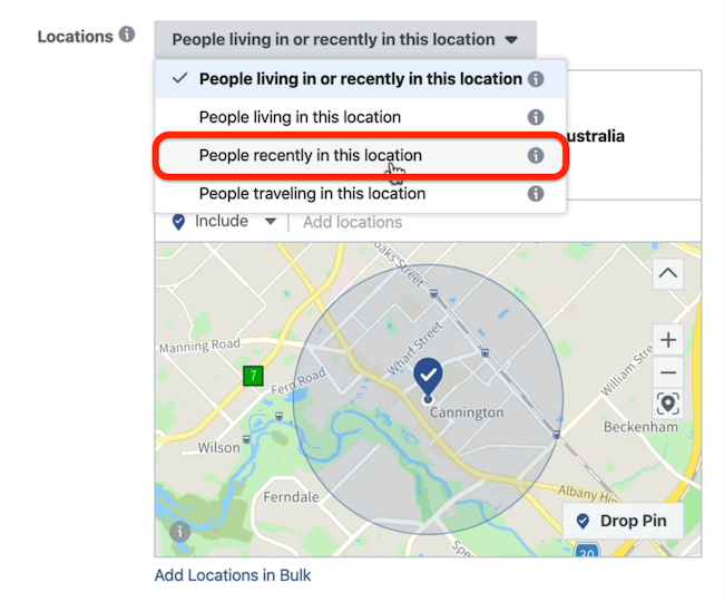 Mensen onlangs op deze locatie-optie op advertentiesetniveau in Facebook Ads Manager
