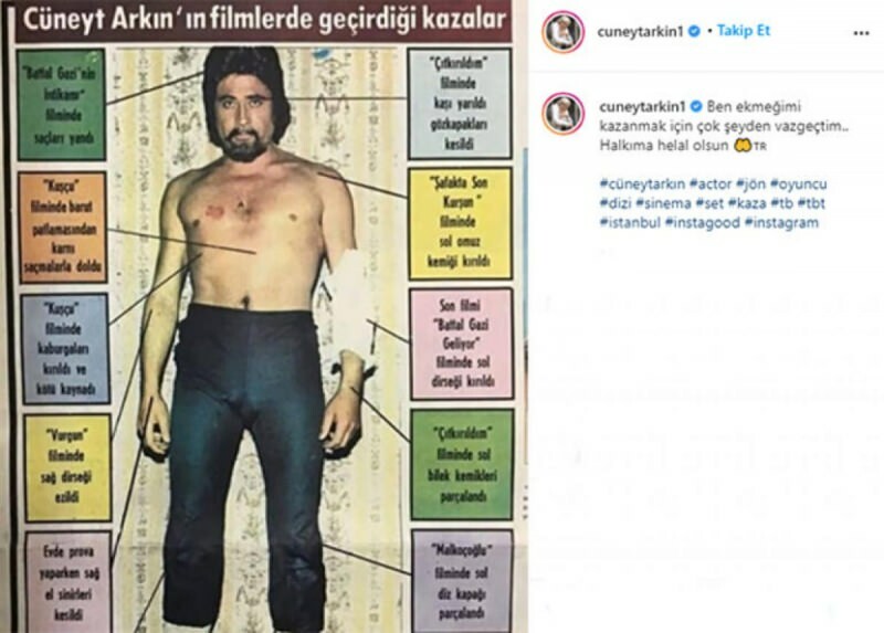Cüneyt Arkın, de meesteracteur van Ye ilçam, publiceerde zijn filmongevallen