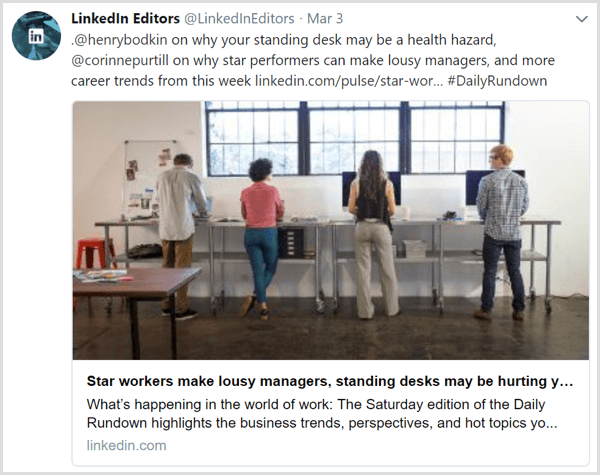 Een tweet met dagelijkse artikelen uit de Twitter-feed van LinkedIn Editors