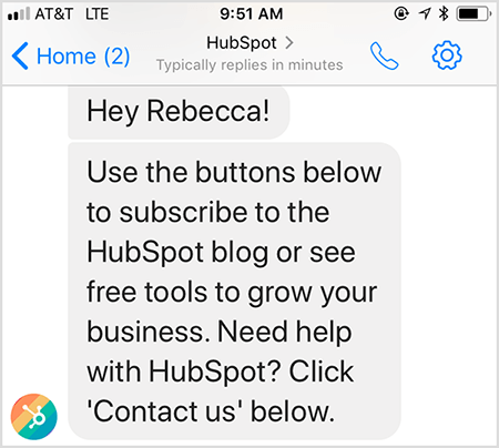 Met het welkomstbericht van de chatbot van HubSpot kun je contact opnemen met een mens.