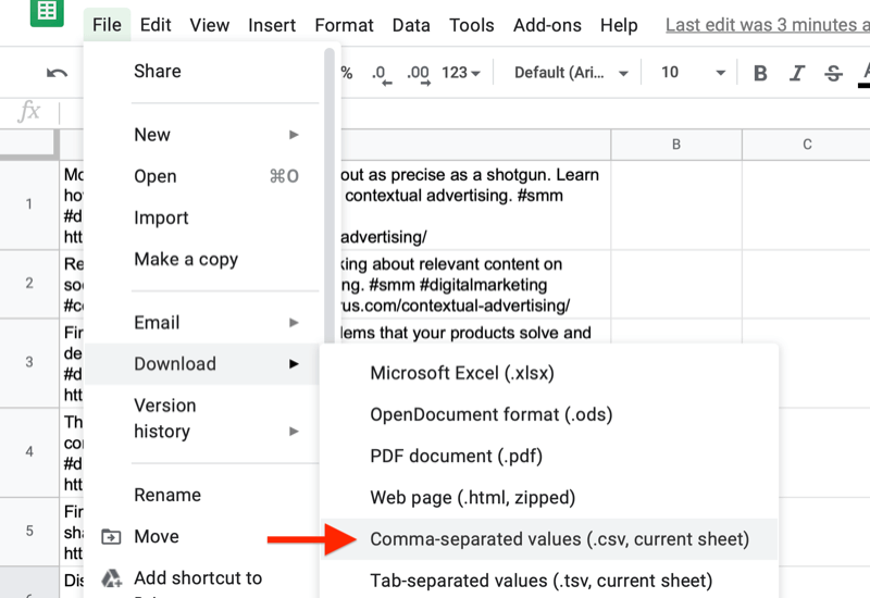 google sheet-bestandsmenu met de optie om te downloaden met de door komma's gescheiden waarden
