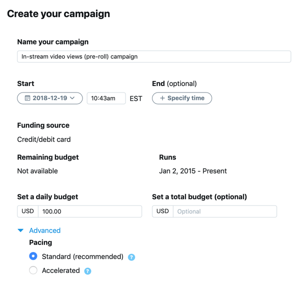 Voorbeeld van campagne-instellingen voor uw InStream-videoweergaven (preroll) Twitter-advertentie.