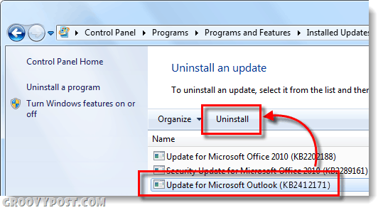 verwijder kb2412171 in Windows 7 Outlook