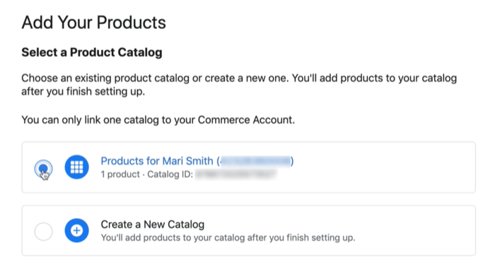 facebook productcatalogus optie om een ​​bestaande of nieuwe catalogus aan te sluiten