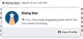 Hoe Facebook Groups-functies te gebruiken, voorbeeld van Rising Star-groepsbadge