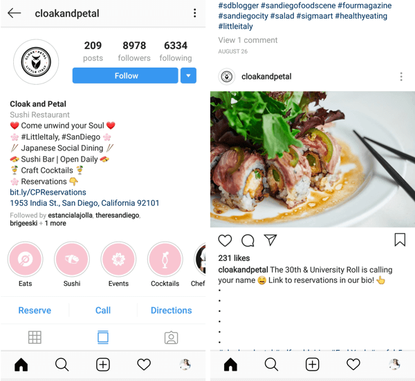 Instagram-bericht met call-to-action voor actieknop-klik door @cloakandpetal.