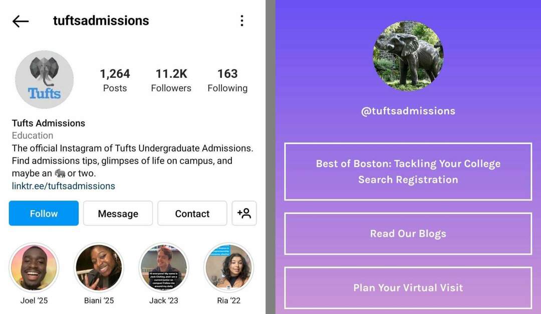 instagram-bio-tuftsadmissions-hoger-onderwijs-voorbeeld