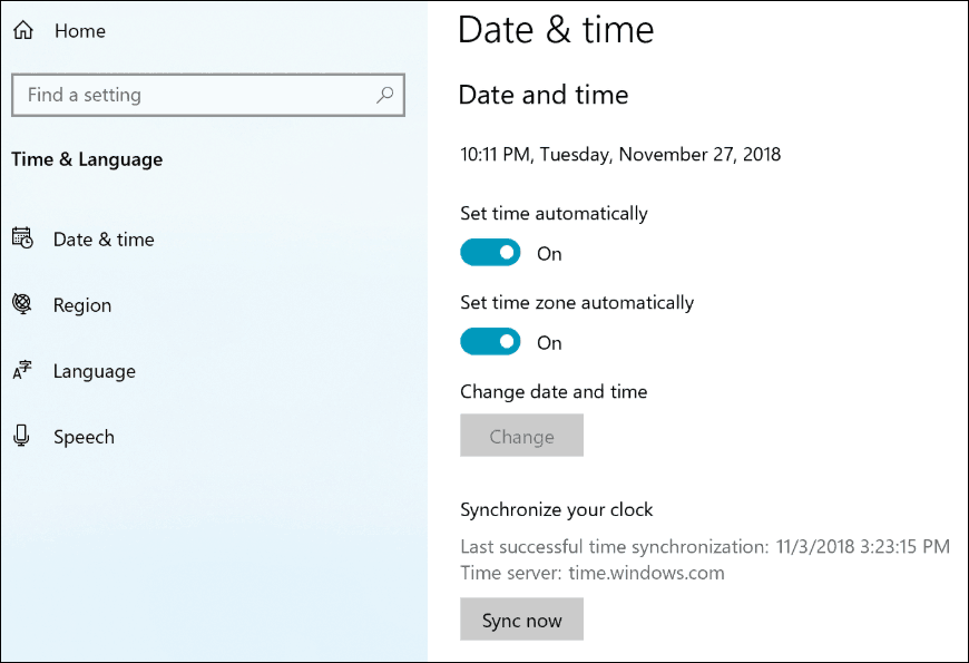 Windows 10 19H1 Klokinstellingen synchroniseren