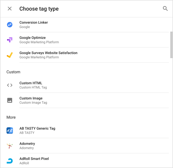 Kies het type tag dat u aan Google Tag Manager wilt toevoegen.