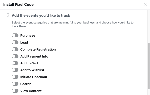 Opties van evenementen die u wilt volgen met uw Facebook-pixel.