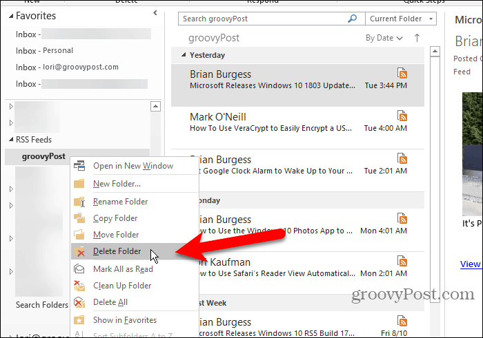 Verwijder een submap RSS-feeds in Outlook