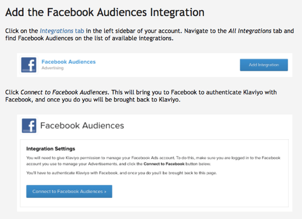 Klaviyo's Facebook Audiences-integratie is eenvoudig te gebruiken.