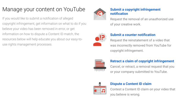 YouTube heeft verwijderingsprocedures die je kunt volgen als iemand inbreuk maakt op je auteursrecht.