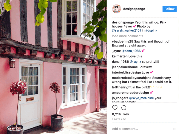 DesignSponge moedigt Instagram-volgers aan om foto's bij te dragen op basis van een steeds veranderende hashtag die een thema definieert.