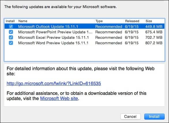 Microsoft Office 2016 voor Mac Preview Update KB3074179