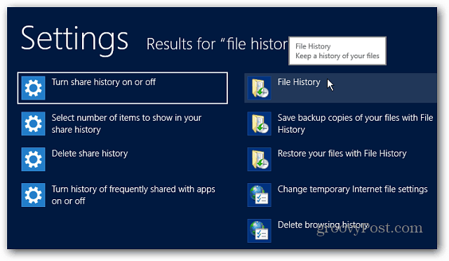Instellingen voor bestandsgeschiedenis Zoek in Windows 8